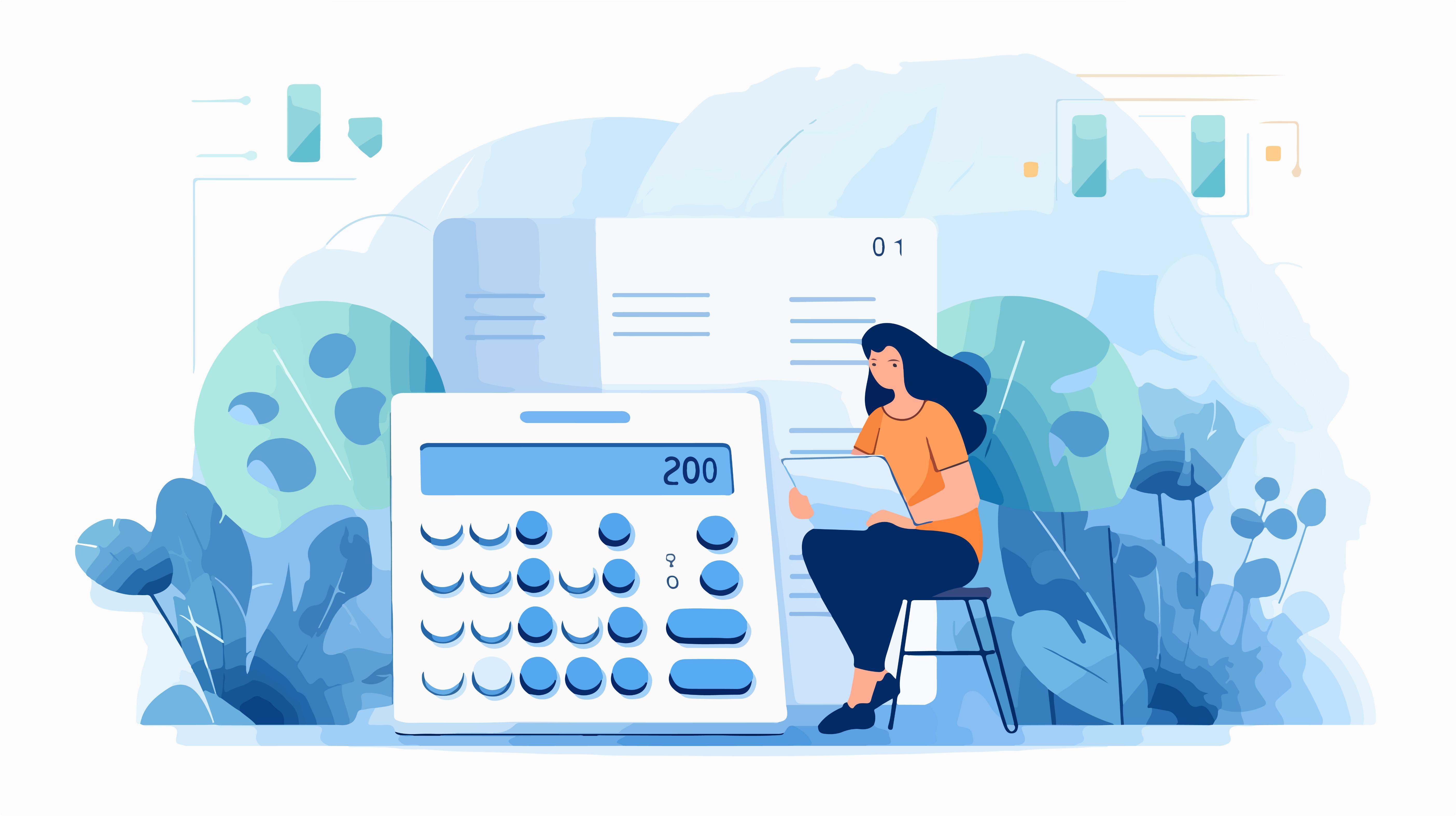 Illustrasjon av kvinne og kalkulator